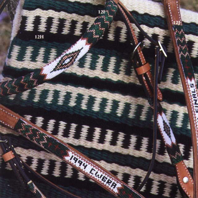 hand-beaded headstalls with awards written into the beadwork