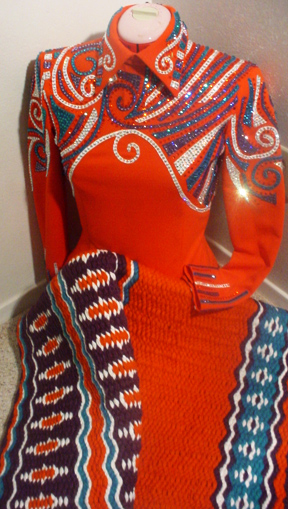 a riding outfit sent to us by a customer for color matching to a saddleblanket we wove.